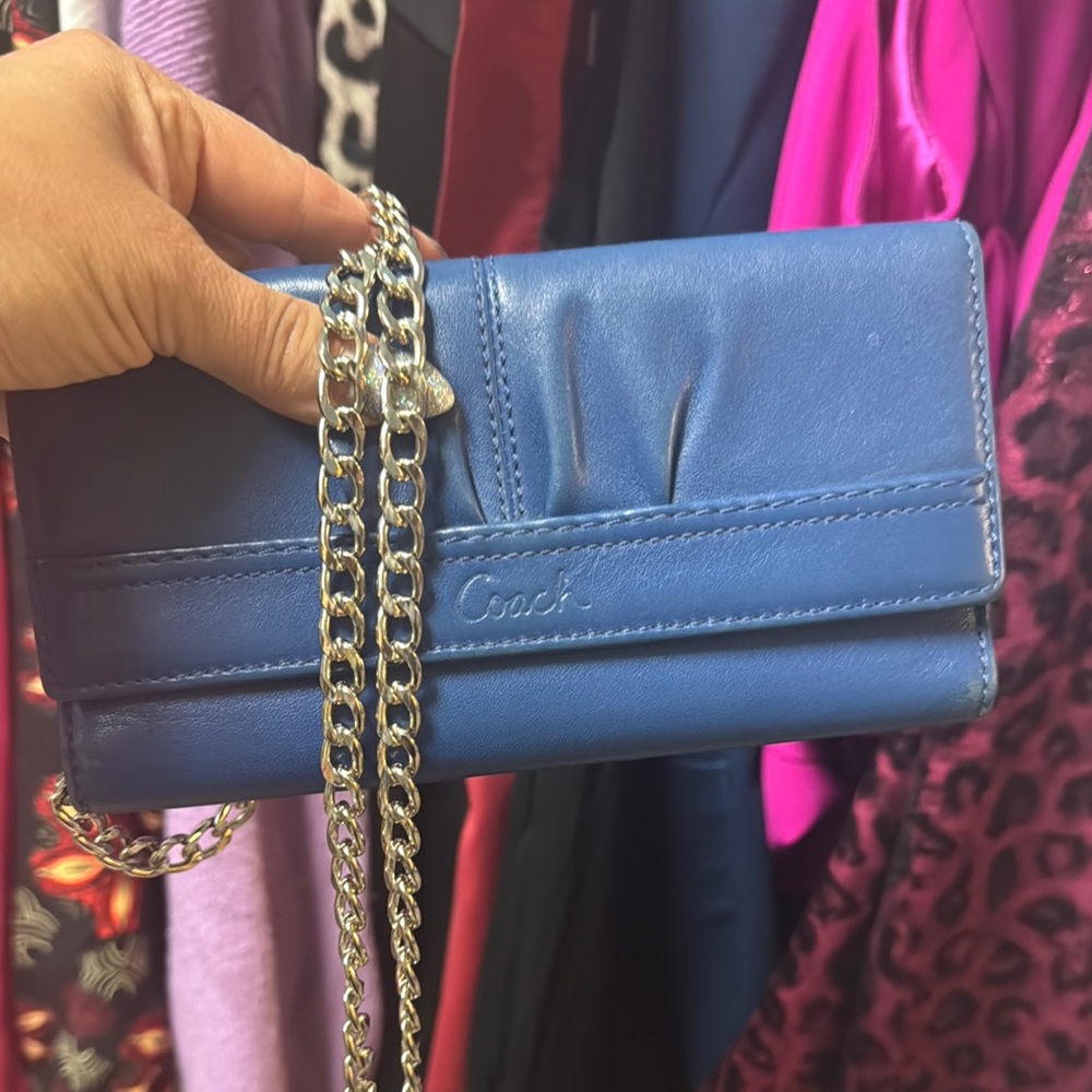 Coach Blue Leather Clutch with Chain Detail
